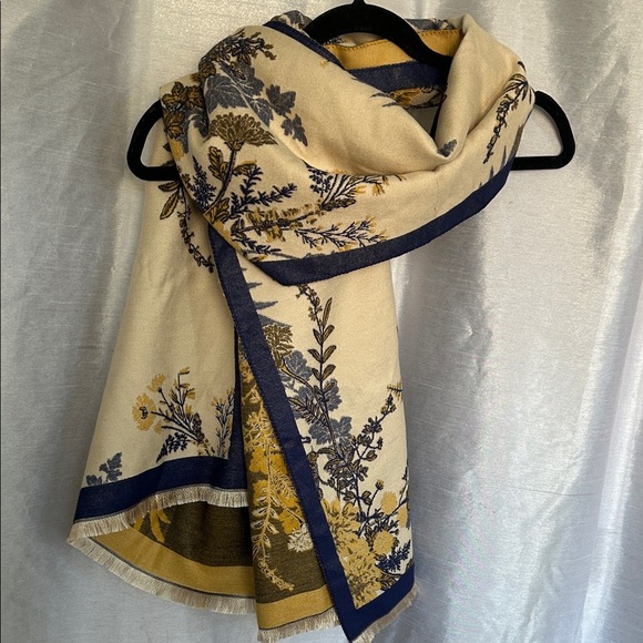 Floral Patterned Shawl Scarf with Blue and Gold Accents - Picture 7 of 7